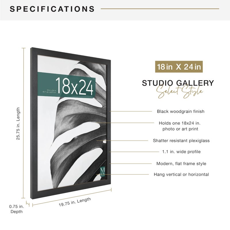 MCS Studio Gallery 18x24 Poster Frame Black Woodgrain Engineered Wood, Vertical & Horizontal Wall Hanging Large Picture Frame for Photos, Posters & Art Prints (1-Pack) - Image 4